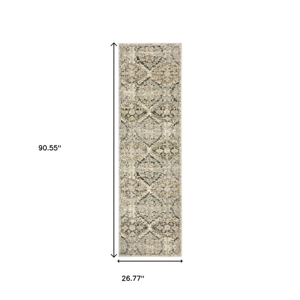 10' X 13' Ivory And Gray Trellis Distressed Area Rug