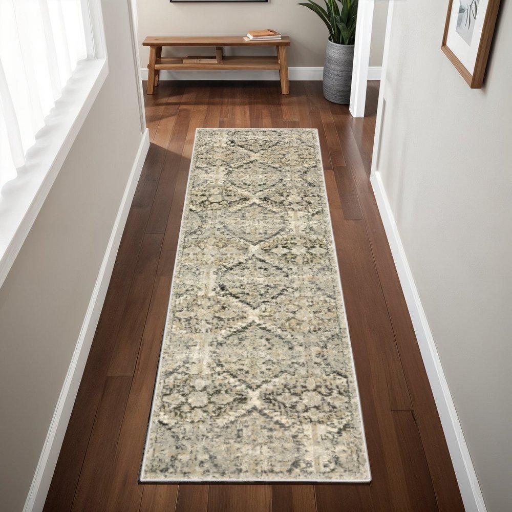 10' X 13' Ivory And Gray Trellis Distressed Area Rug