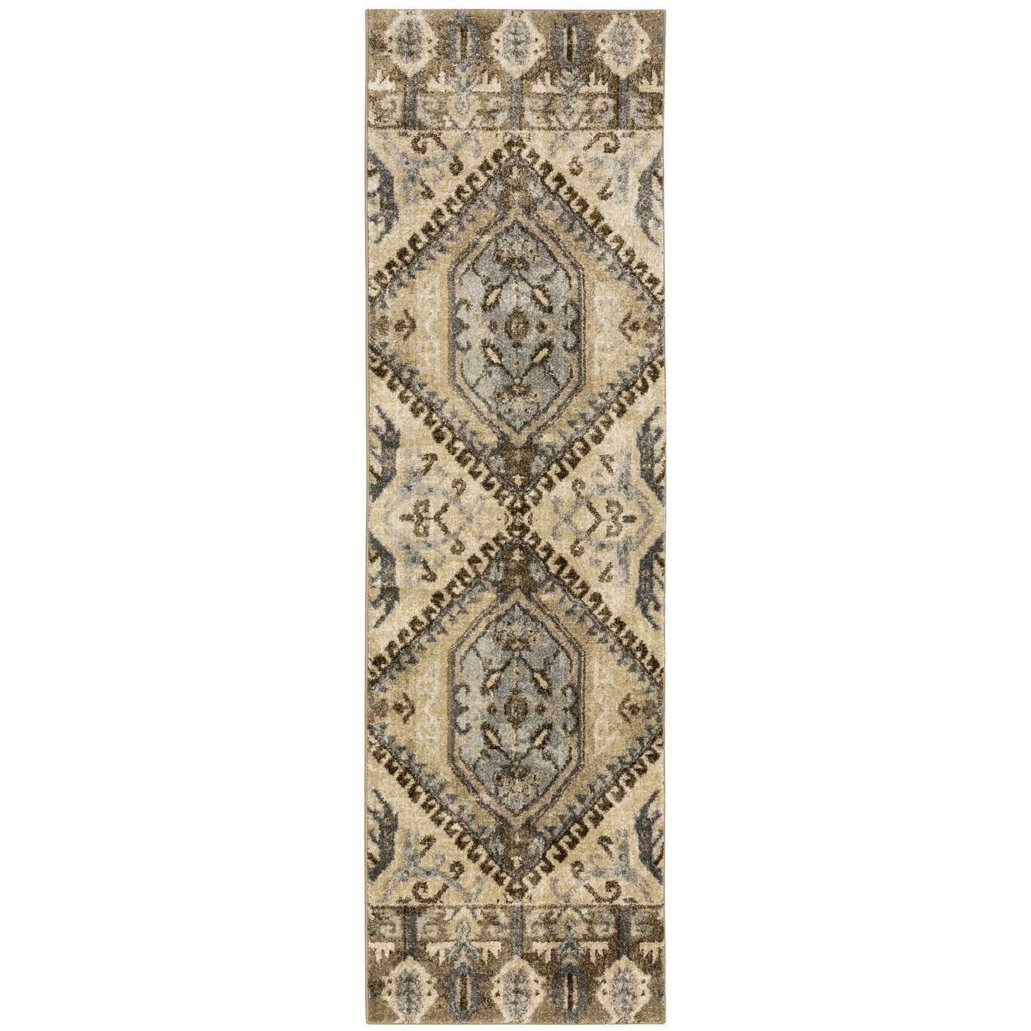 5' X 8' Tan And Gold Medallion Distressed Area Rug