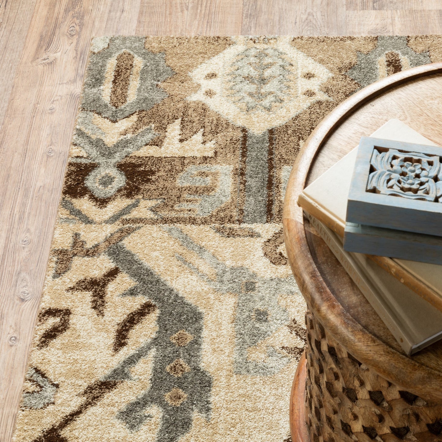 5' X 8' Tan And Gold Medallion Distressed Area Rug