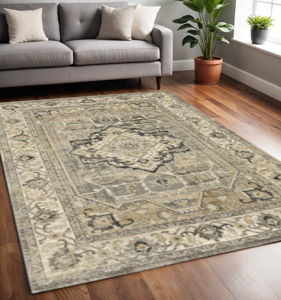 8' X 11' Beige And Gray Medallion Distressed Area Rug