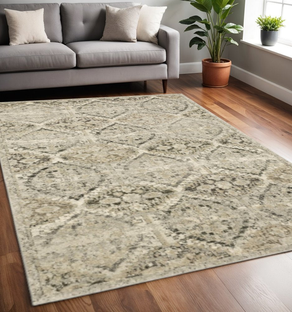10' X 13' Ivory And Gray Trellis Distressed Area Rug