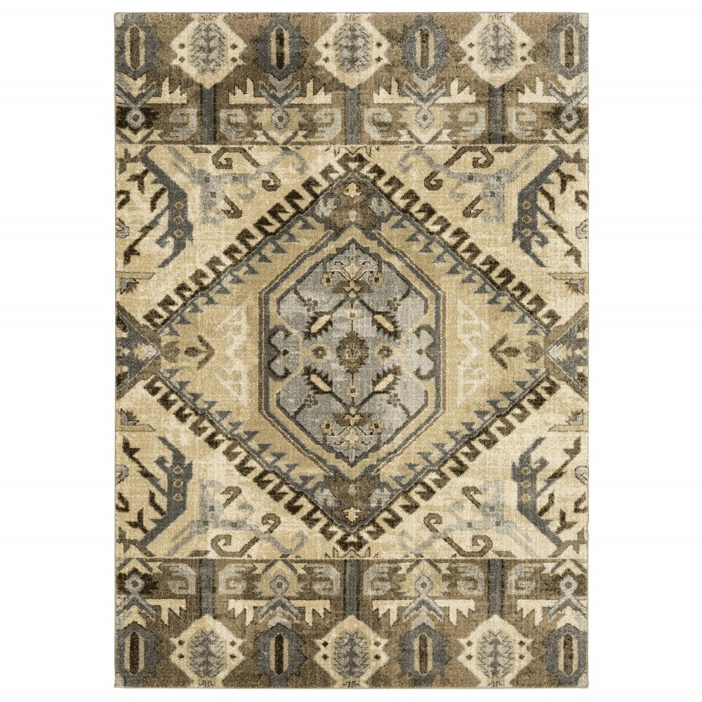 5' X 8' Tan And Gold Medallion Distressed Area Rug