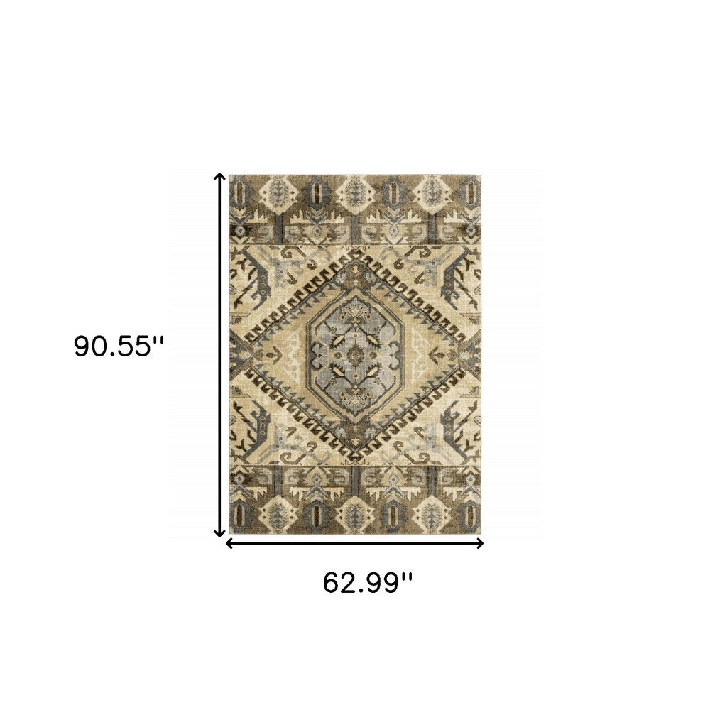 5' X 8' Tan And Gold Medallion Distressed Area Rug