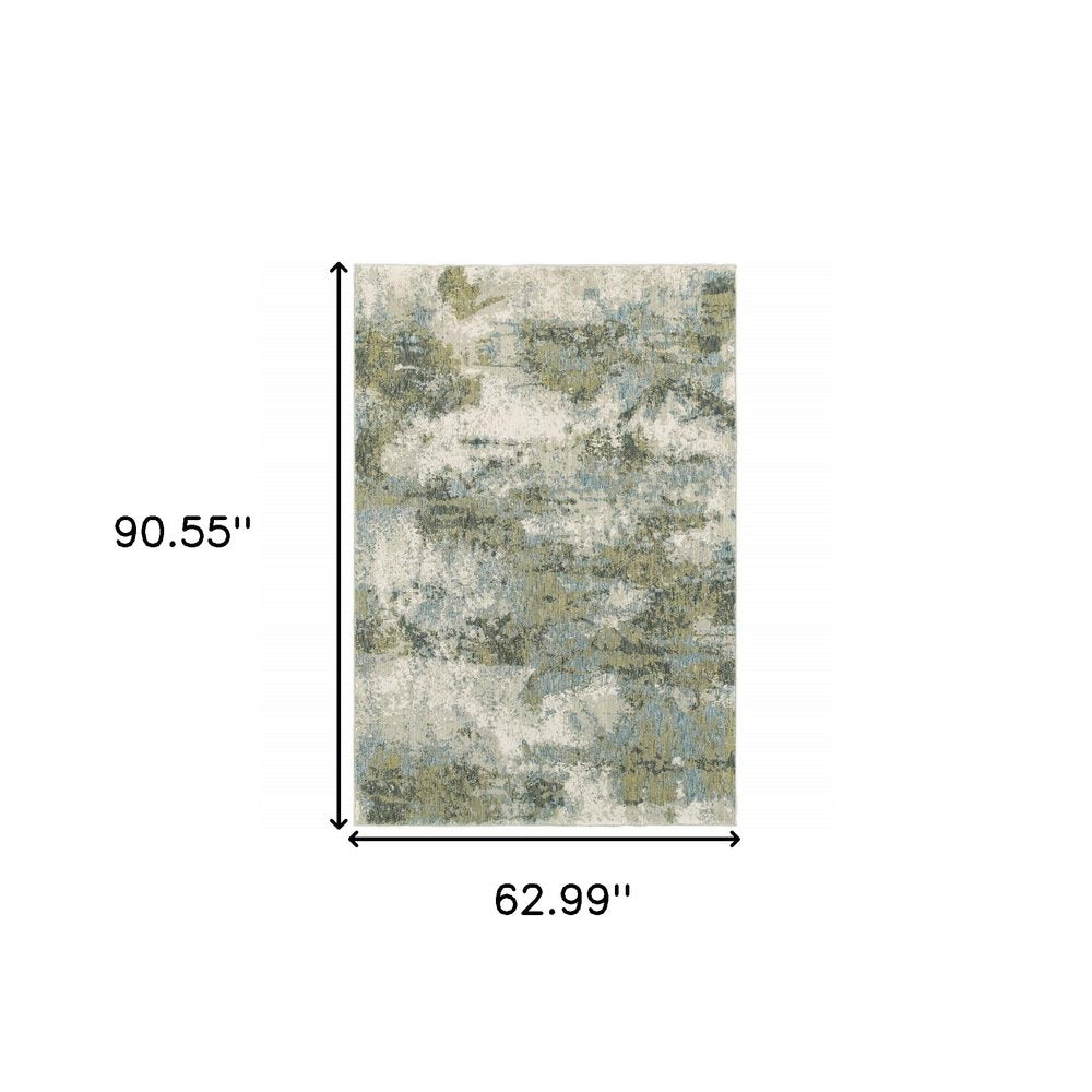 5' X 7' Ivory Sage And Teal Abstract Area Rug