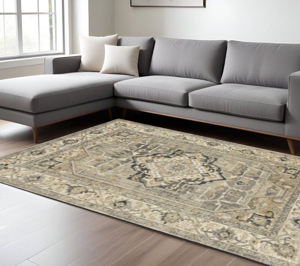 8' X 11' Beige And Gray Medallion Distressed Area Rug