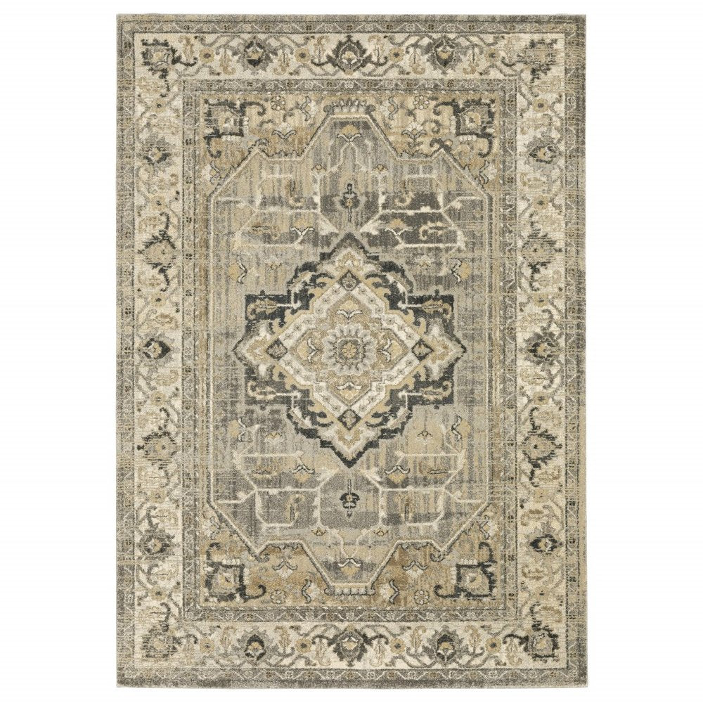 8' X 11' Beige And Gray Medallion Distressed Area Rug