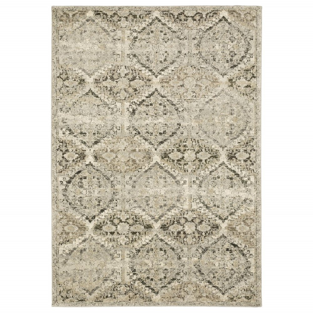 10' X 13' Ivory And Gray Trellis Distressed Area Rug