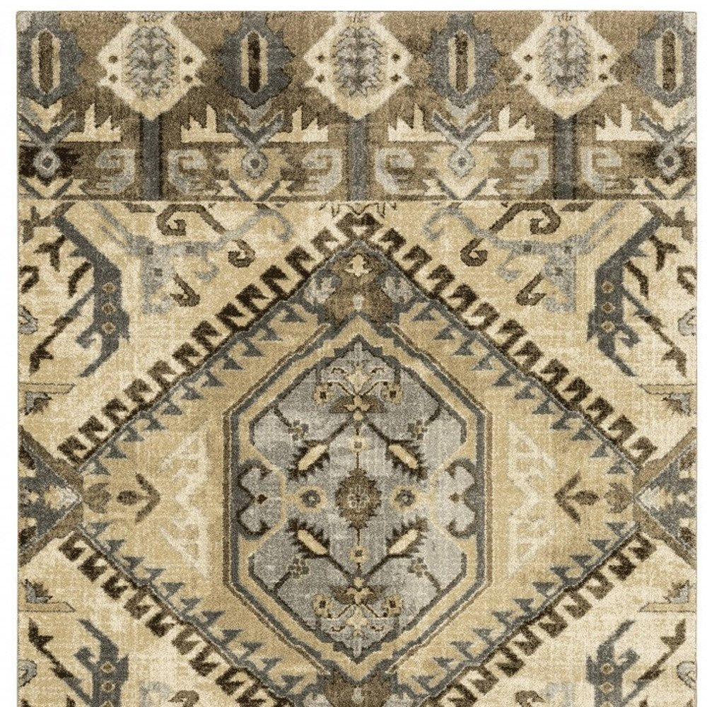 5' X 8' Tan And Gold Medallion Distressed Area Rug