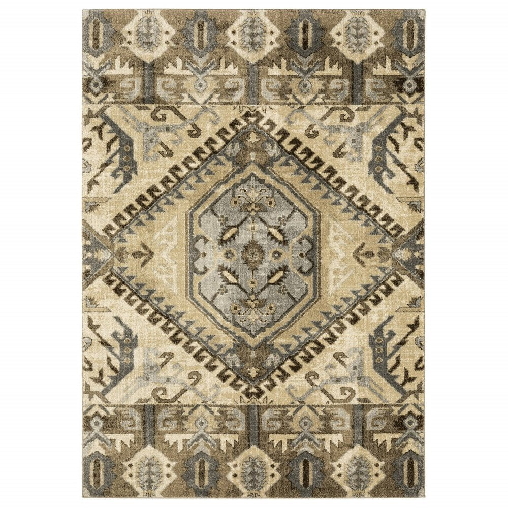 5' X 8' Tan And Gold Medallion Distressed Area Rug