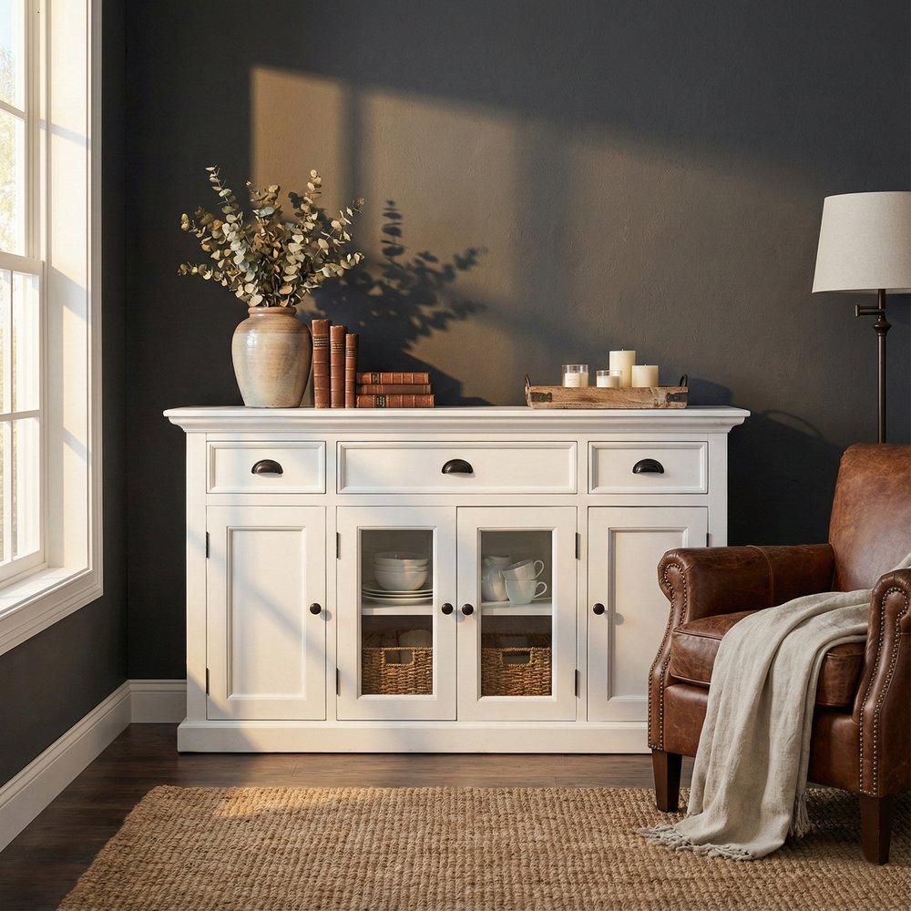 57" White Solid Wood Three Drawer Sideboard with Four Glass Doors