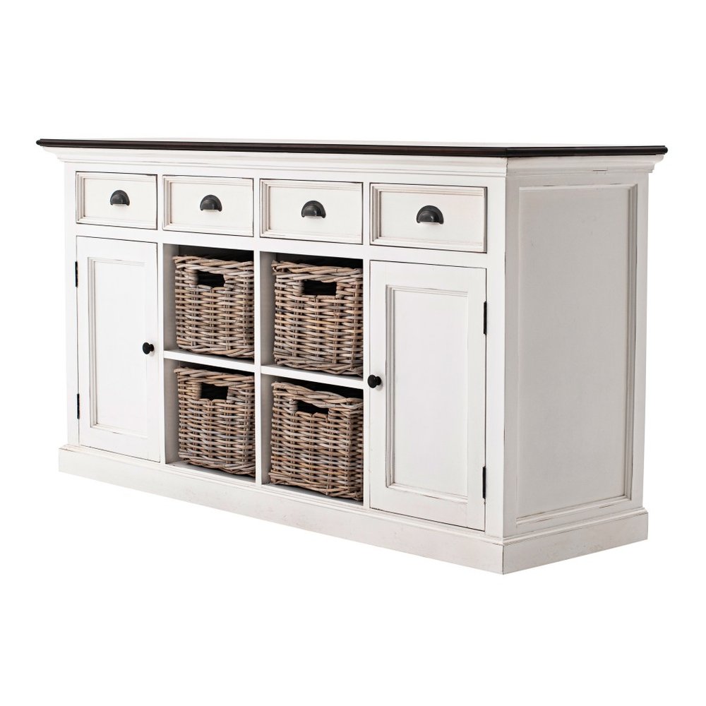 63" Brown And White Distressed Solid Wood Sideboard With Baskets