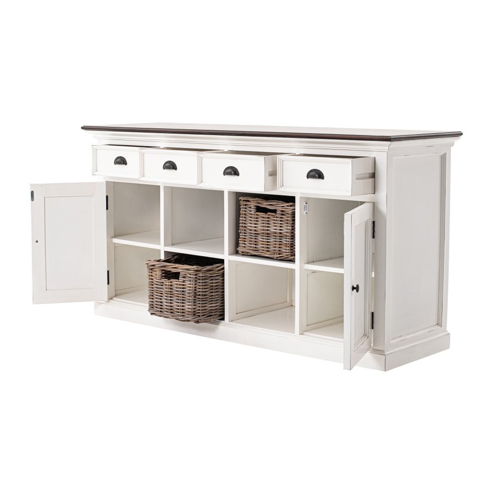 63" Brown And White Distressed Solid Wood Sideboard With Baskets