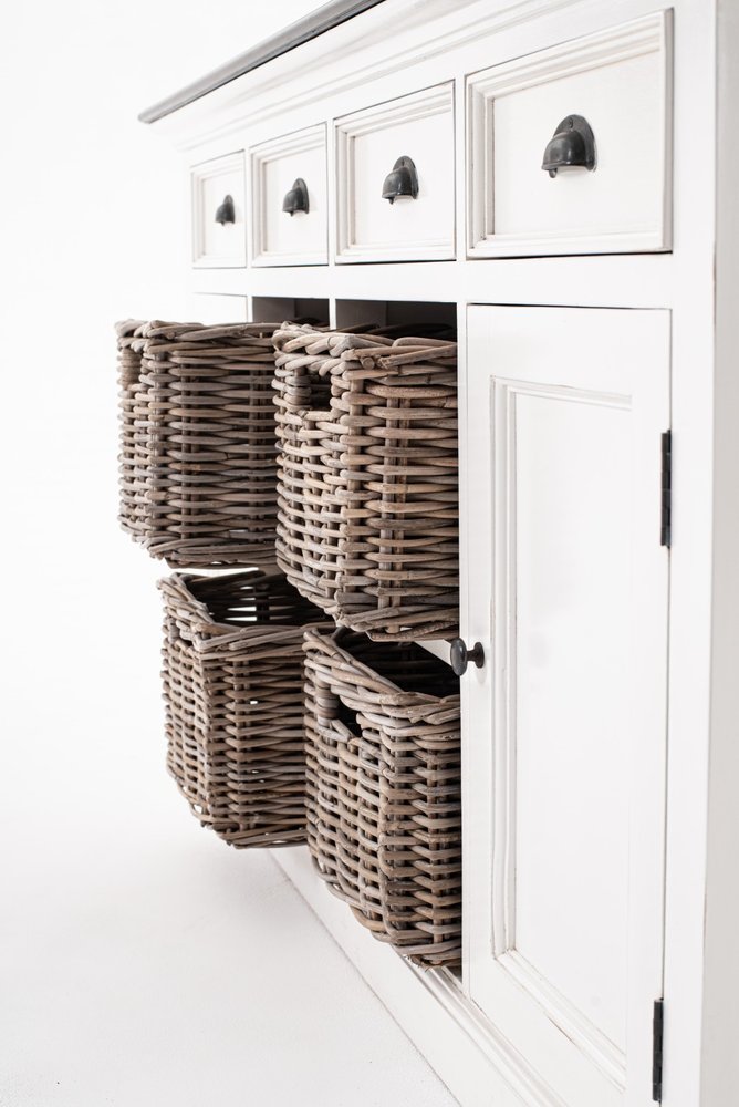 63" Brown And White Distressed Solid Wood Sideboard With Baskets