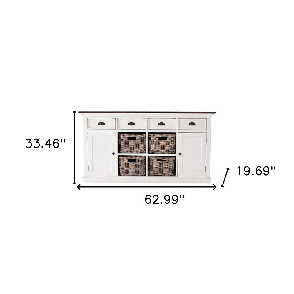 63" Brown And White Distressed Solid Wood Sideboard With Baskets