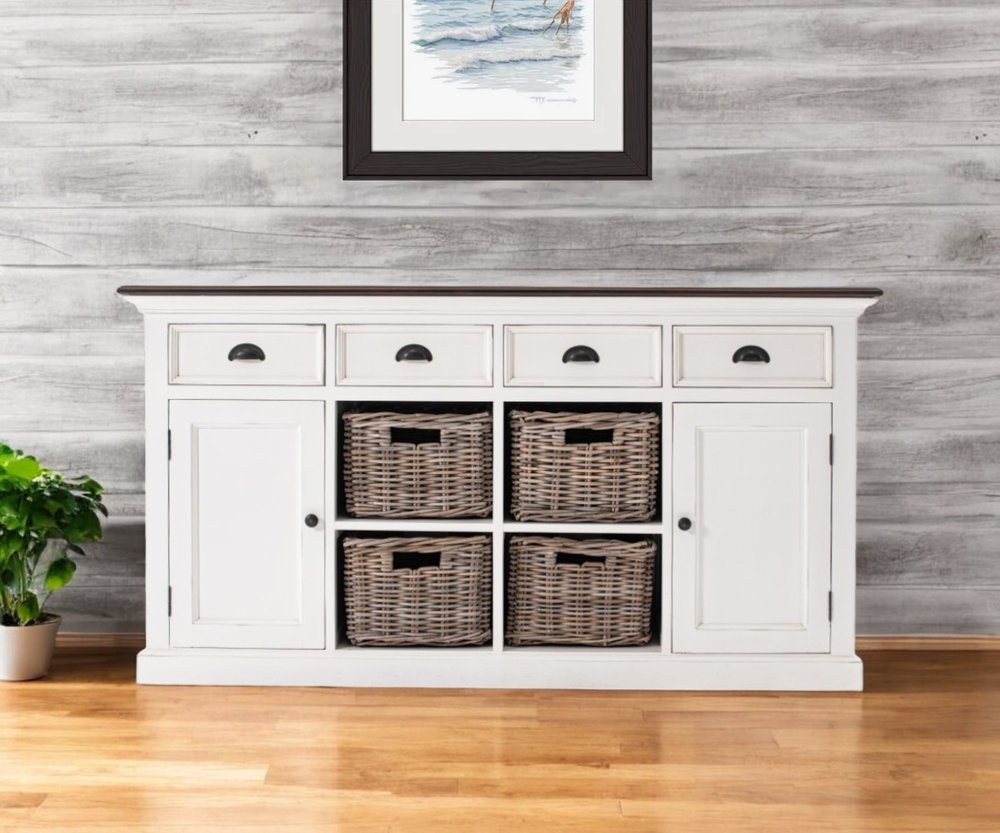 63" Brown And White Distressed Solid Wood Sideboard With Baskets