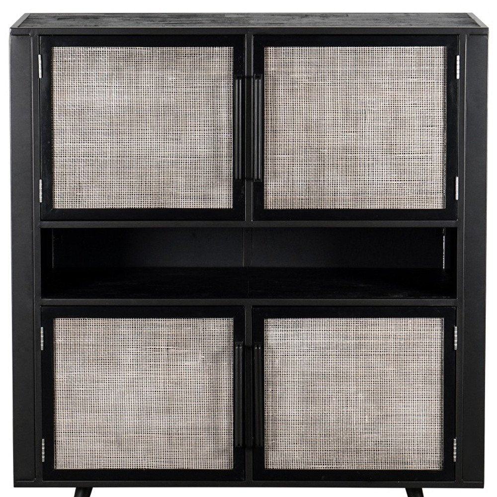 51" Black And Natural Wood And Rattan Accent Cabinet