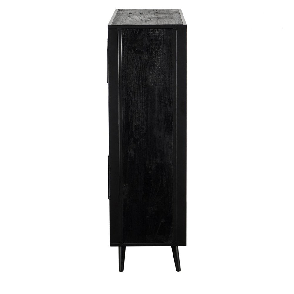 51" Black And Natural Wood And Rattan Accent Cabinet