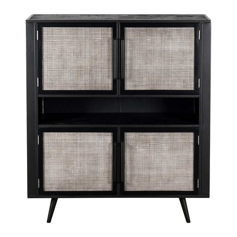 51" Black And Natural Wood And Rattan Accent Cabinet