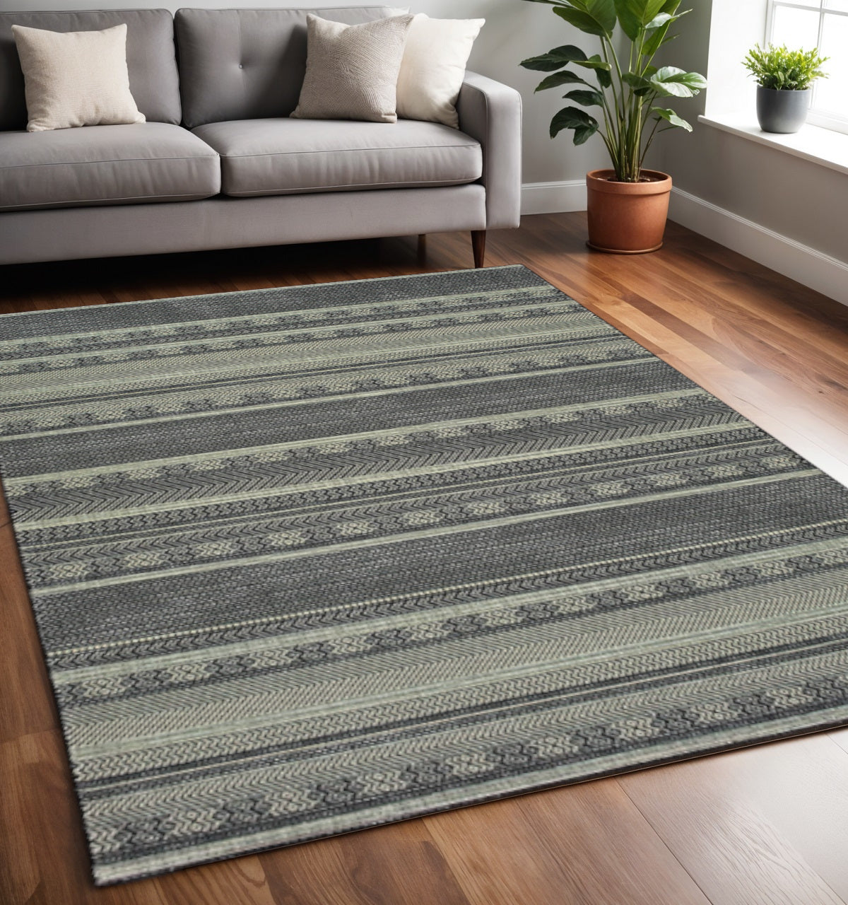 10' X 13' Black And Ivory Geometric Area Rug