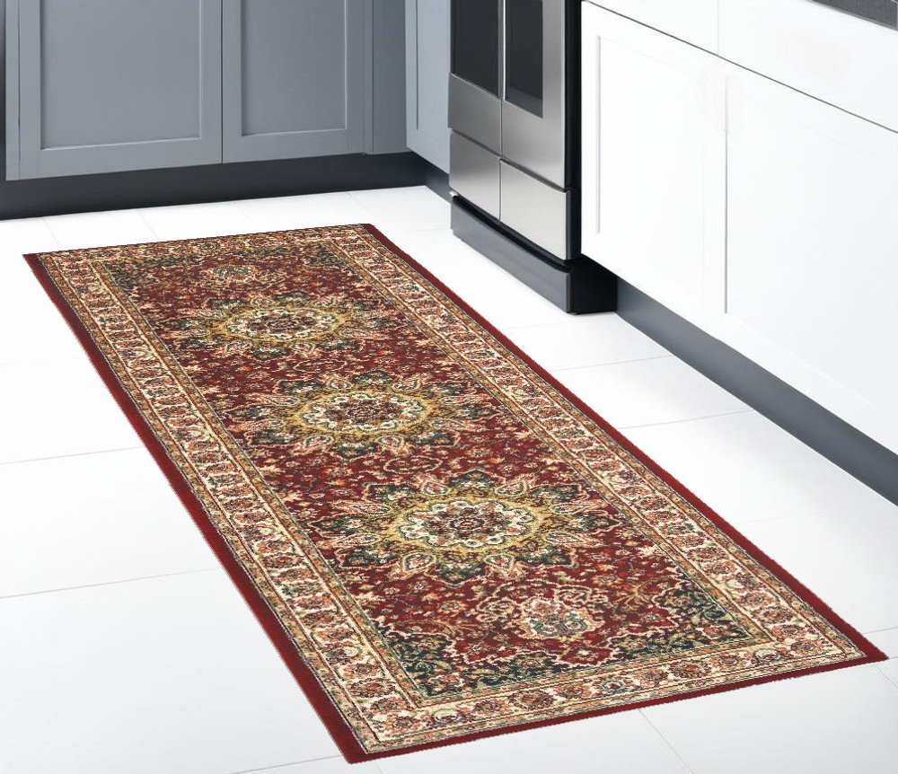 8' Red And Ivory Runner Rug
