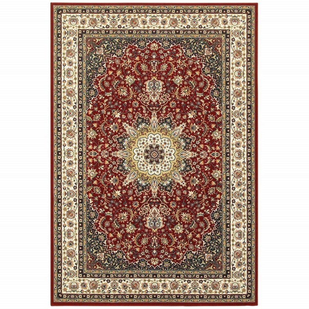 5' X 8' Red And Ivory Floral Medallion Area Rug