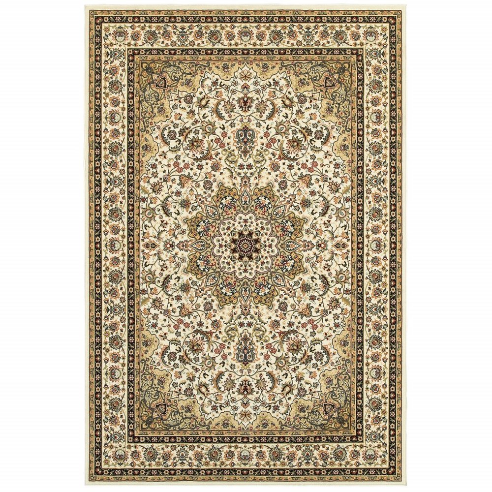 8' X 11' Ivory And Beige Floral Medallion Area Rug