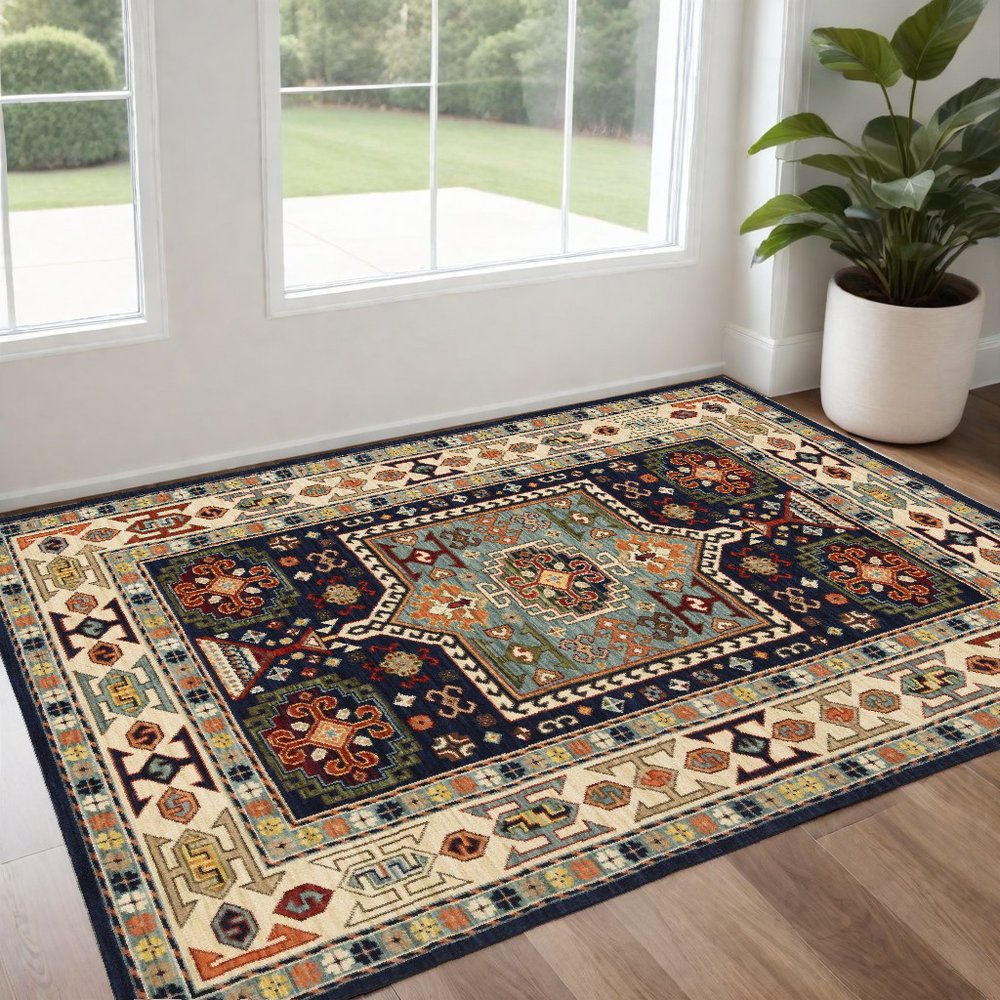 10' X 13' Blue And Ivory Medallion Area Rug