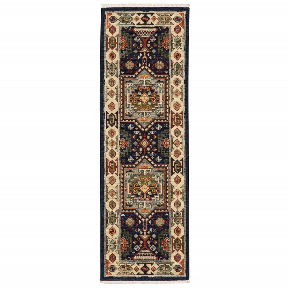 6' Blue And Ivory Wool Handmade Runner Rug
