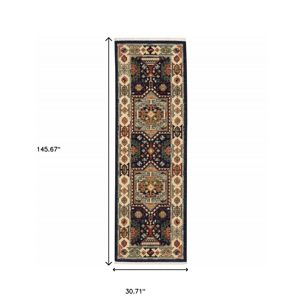 10' X 13' Blue And Ivory Medallion Area Rug