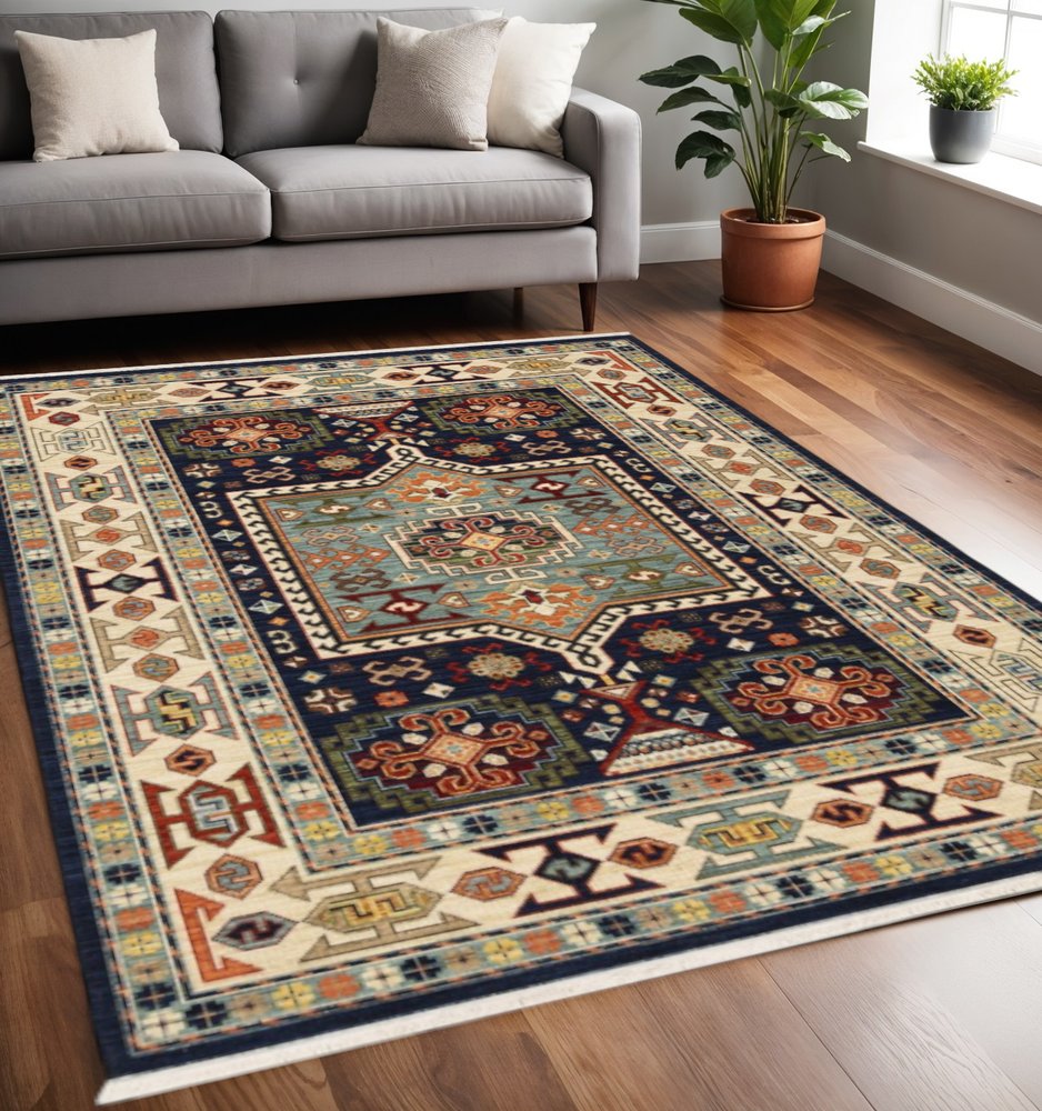 10' X 13' Blue And Ivory Medallion Area Rug