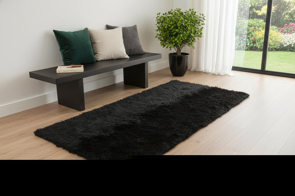 2' X 5' Black Natural Rectangular Sheepskin Area Rug