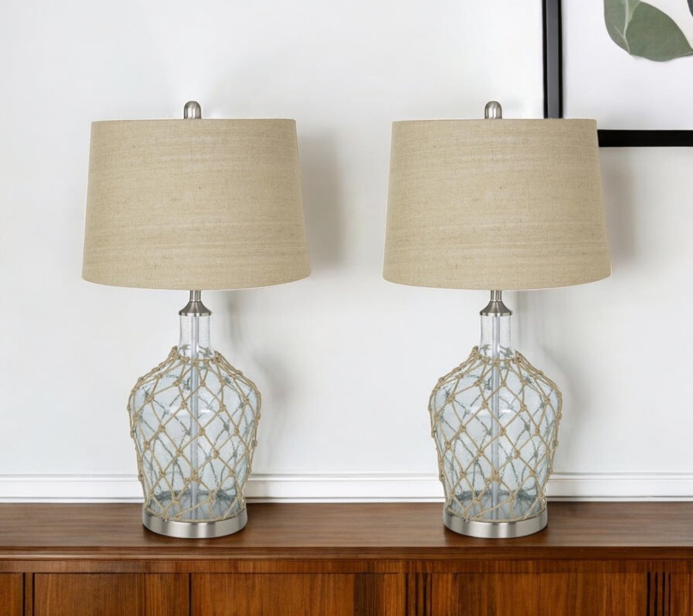Set of Two 28" Light Blue And Silver Glass And Metal Coastal Table Lamps