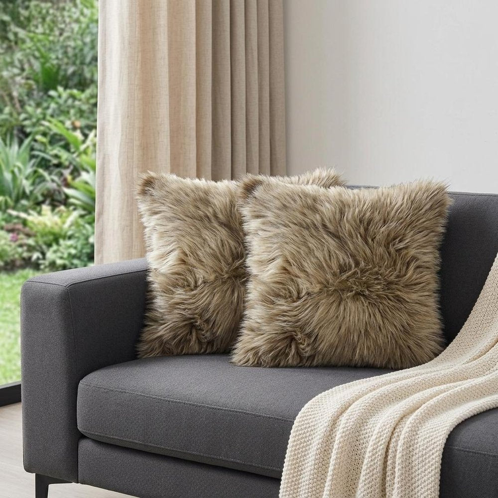Set of Two 18" Taupe Sheepskin Throw Pillows