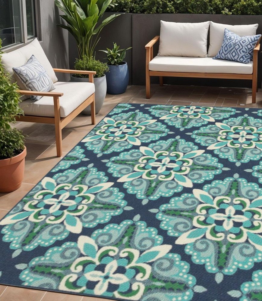 4' X 6' Blue And Green Indoor Outdoor Area Rug
