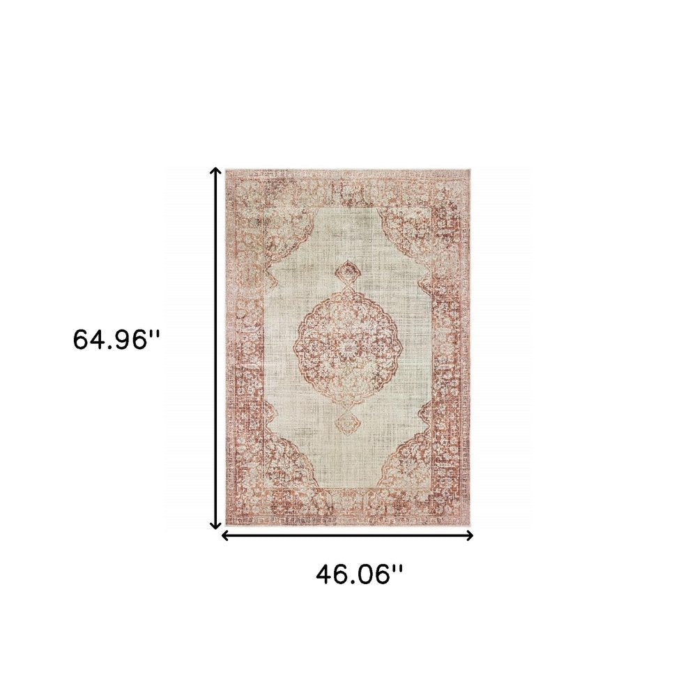 4' X 6' Ivory And Pink Medallion Area Rug