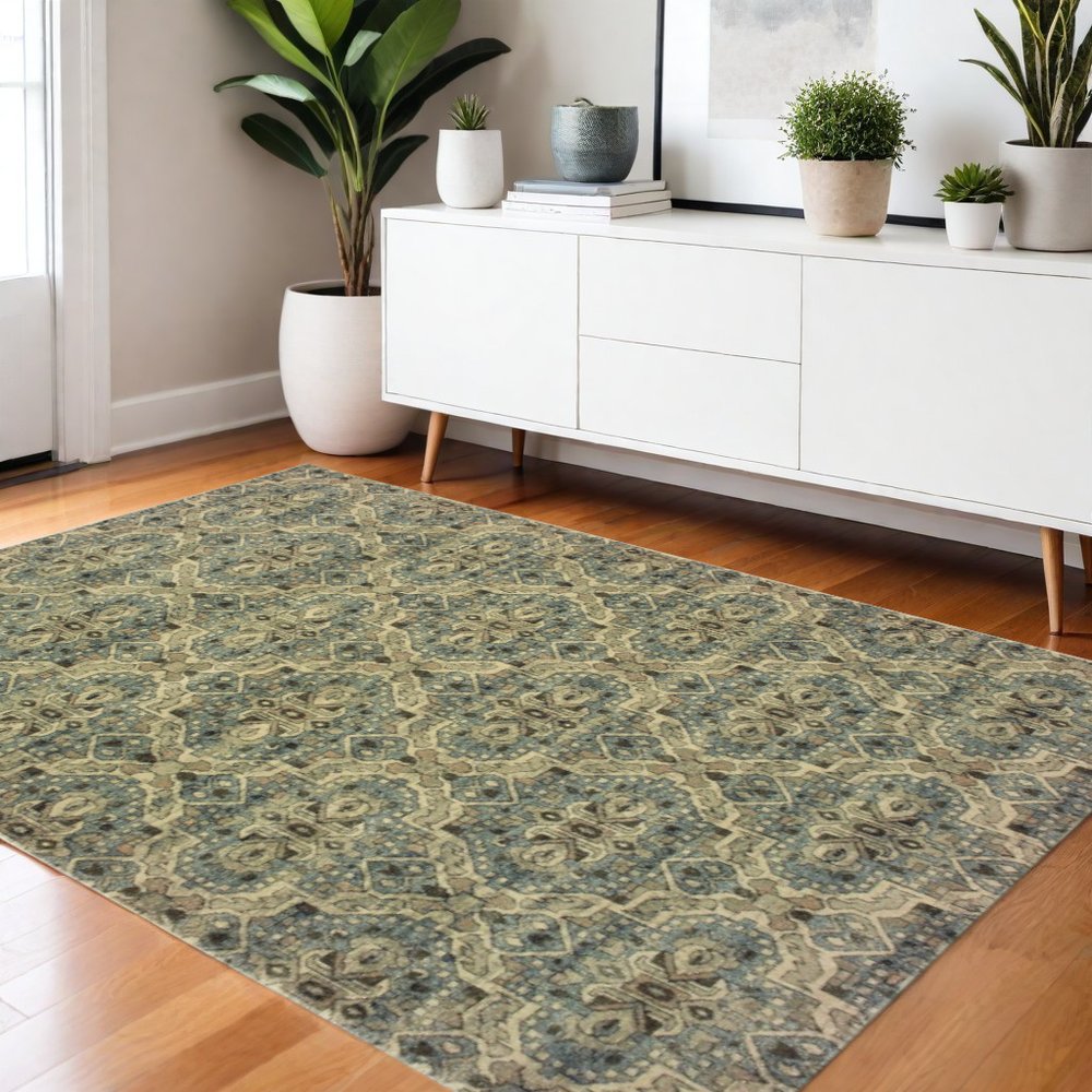 10' X 13' Ivory And Blue Geometric Area Rug