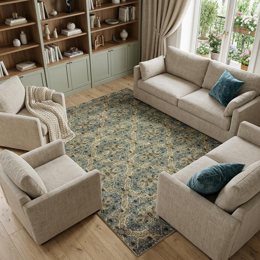 10' X 13' Ivory And Blue Geometric Area Rug
