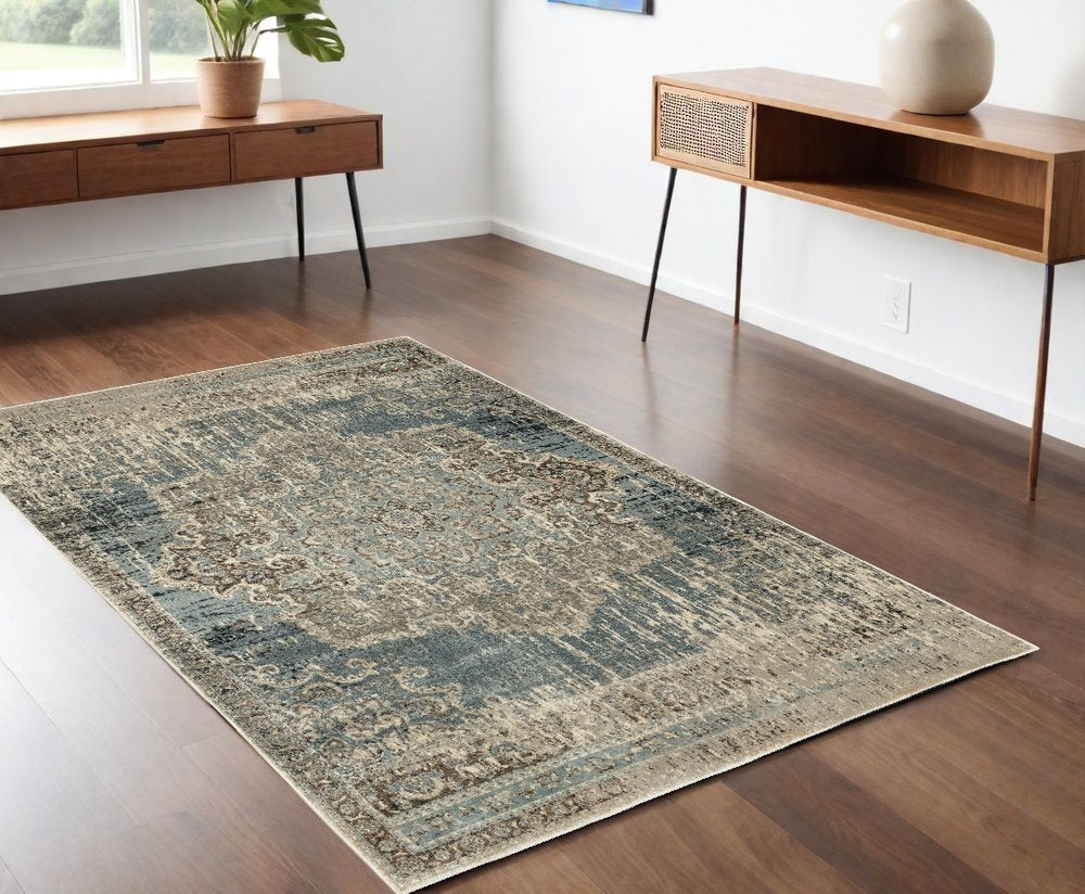 10' X 13' Blue And Ivory Medallion Area Rug