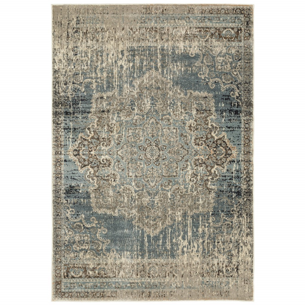 10' X 13' Blue And Ivory Medallion Area Rug