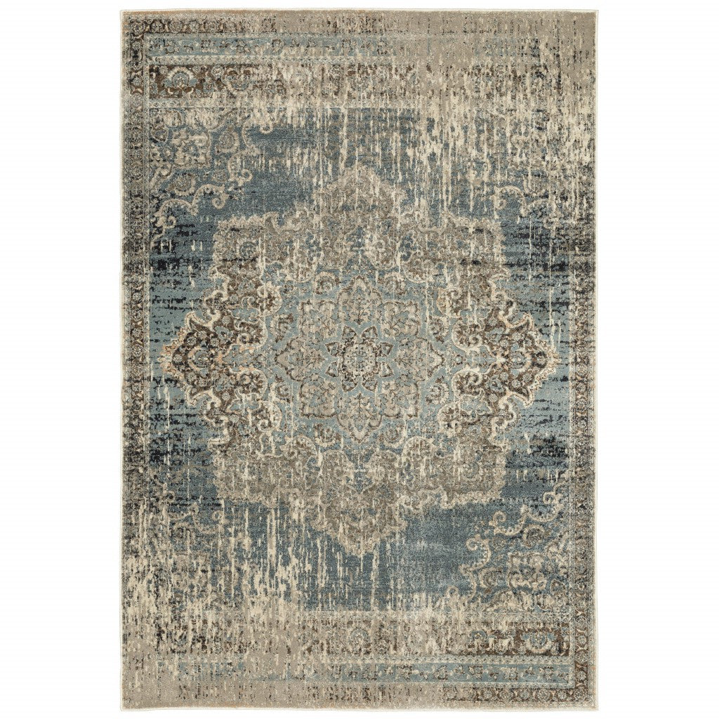 10' X 13' Blue And Ivory Medallion Area Rug