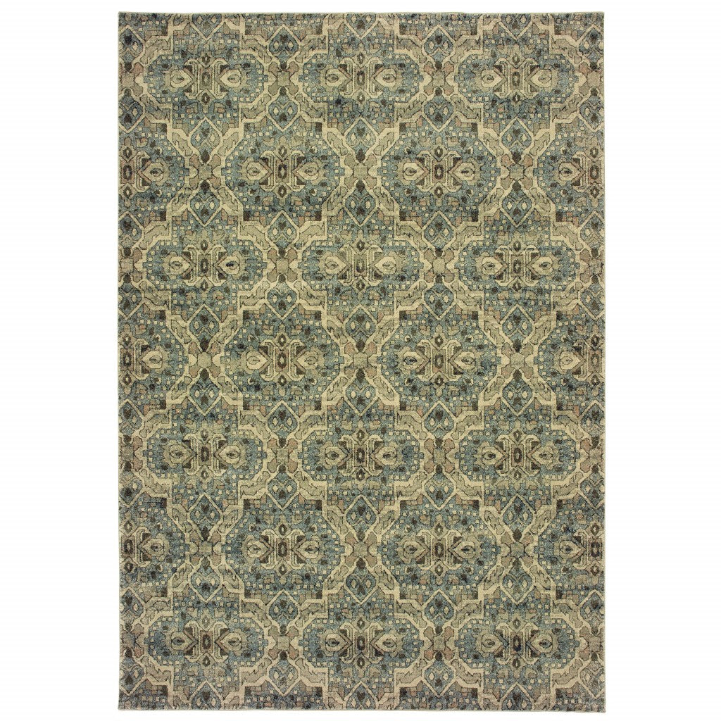 2' X 3' Ivory and Blue Power Loom Area Rug