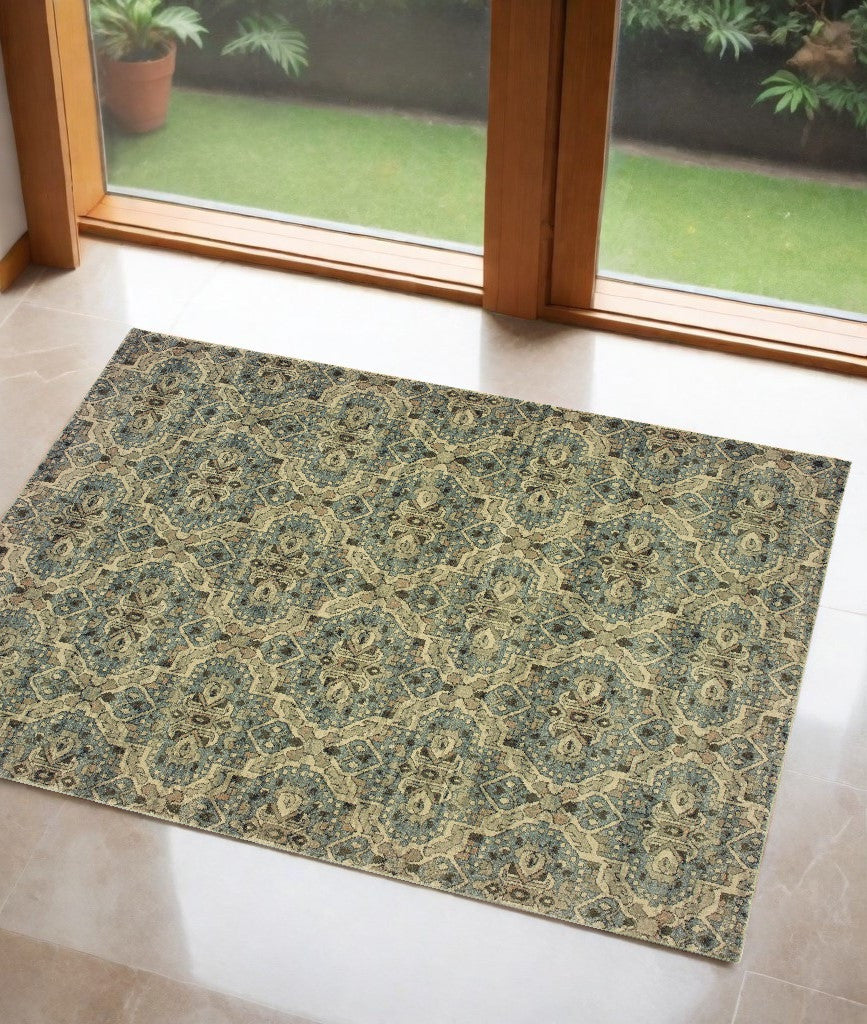 2' X 3' Ivory and Blue Power Loom Area Rug