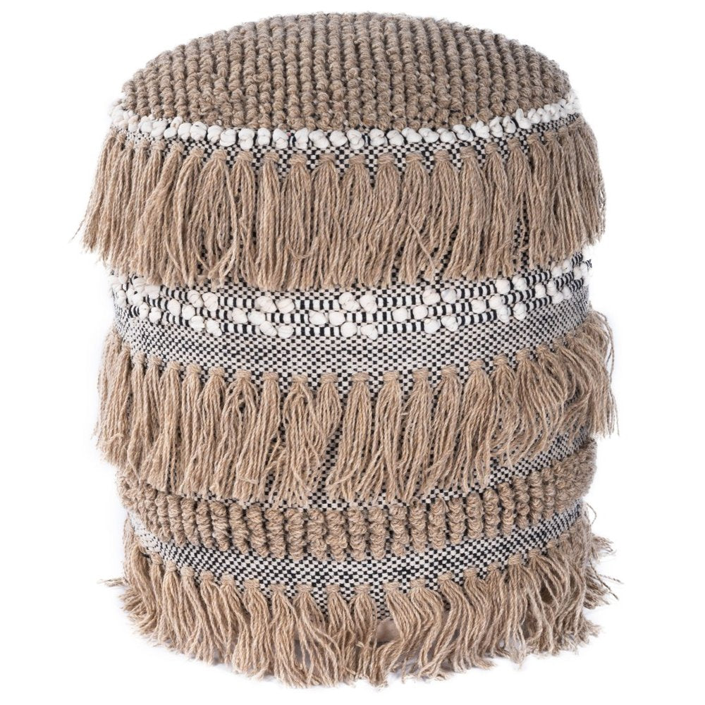 18" Beige Wool And Cotton Round Pouf Ottoman