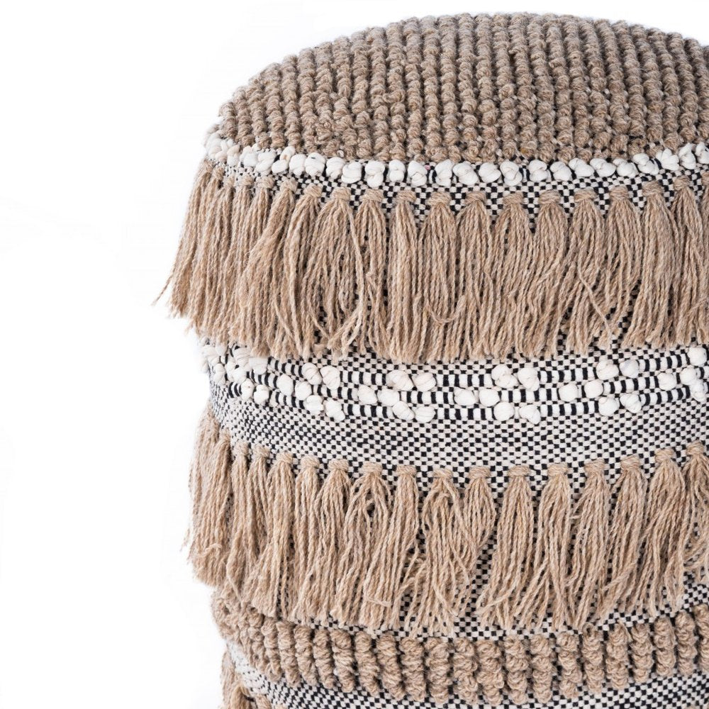 18" Beige Wool And Cotton Round Pouf Ottoman