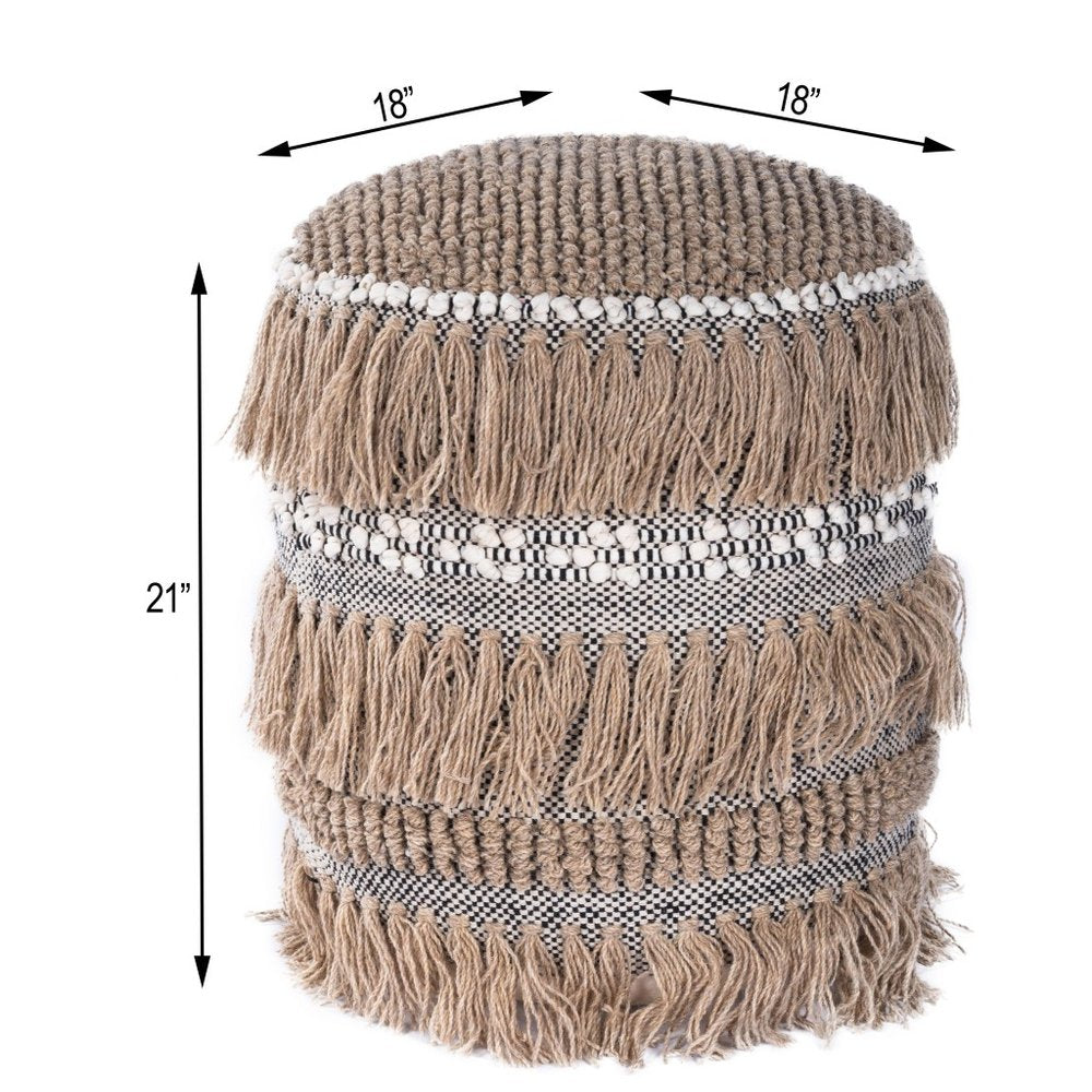 18" Beige Wool And Cotton Round Pouf Ottoman