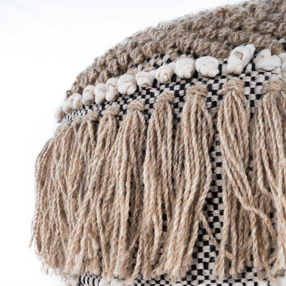 18" Beige Wool And Cotton Round Pouf Ottoman