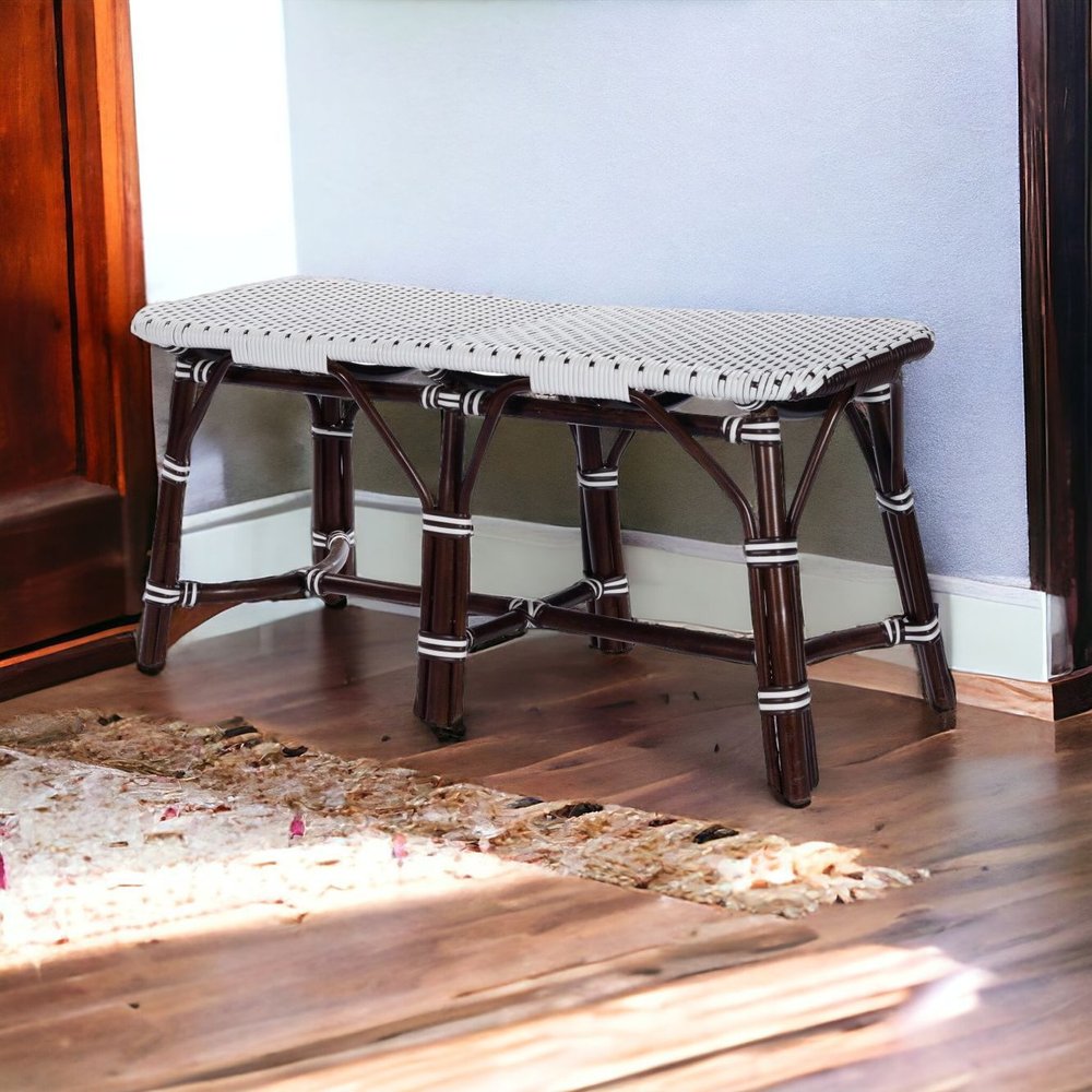 43" White and Dark Brown Rattan and Wicker Bench