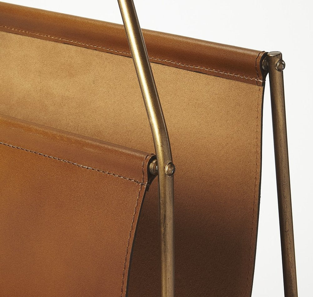 14" Brown And Gold Leather And Metal Magazine Holder