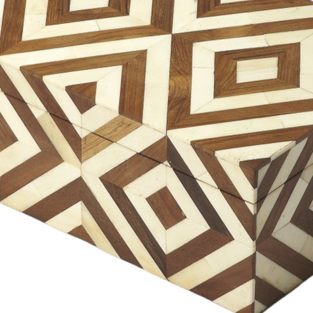12" Brown And Ivory Wood And Bone Inlaid Geometric Storage Box